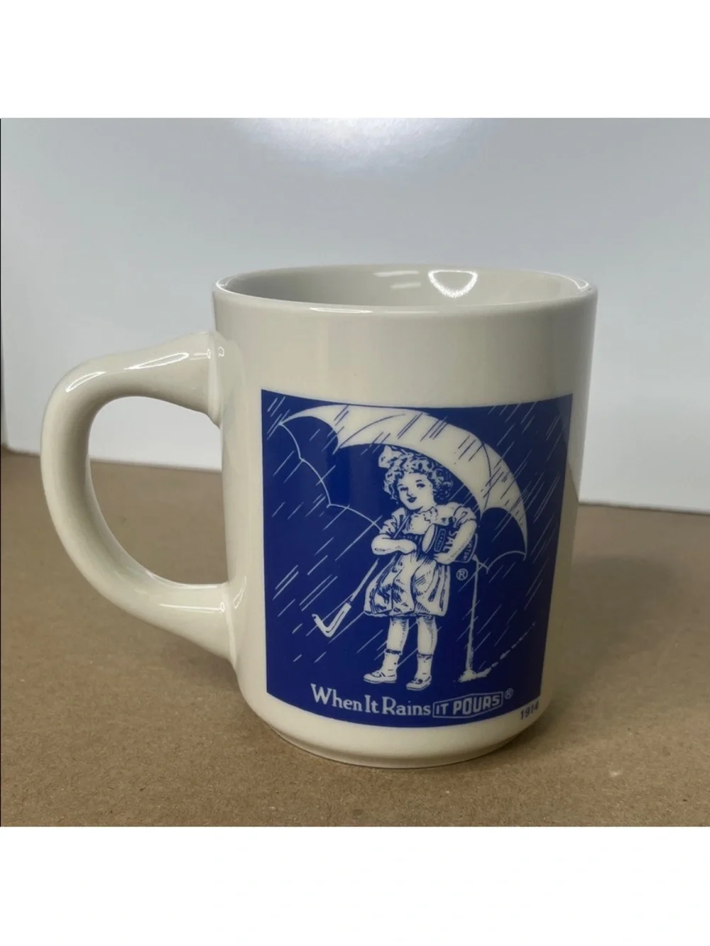 Vintage Morton’s Salt Blue & White 'When It Rains It Pours' 1921 Advertising Mug